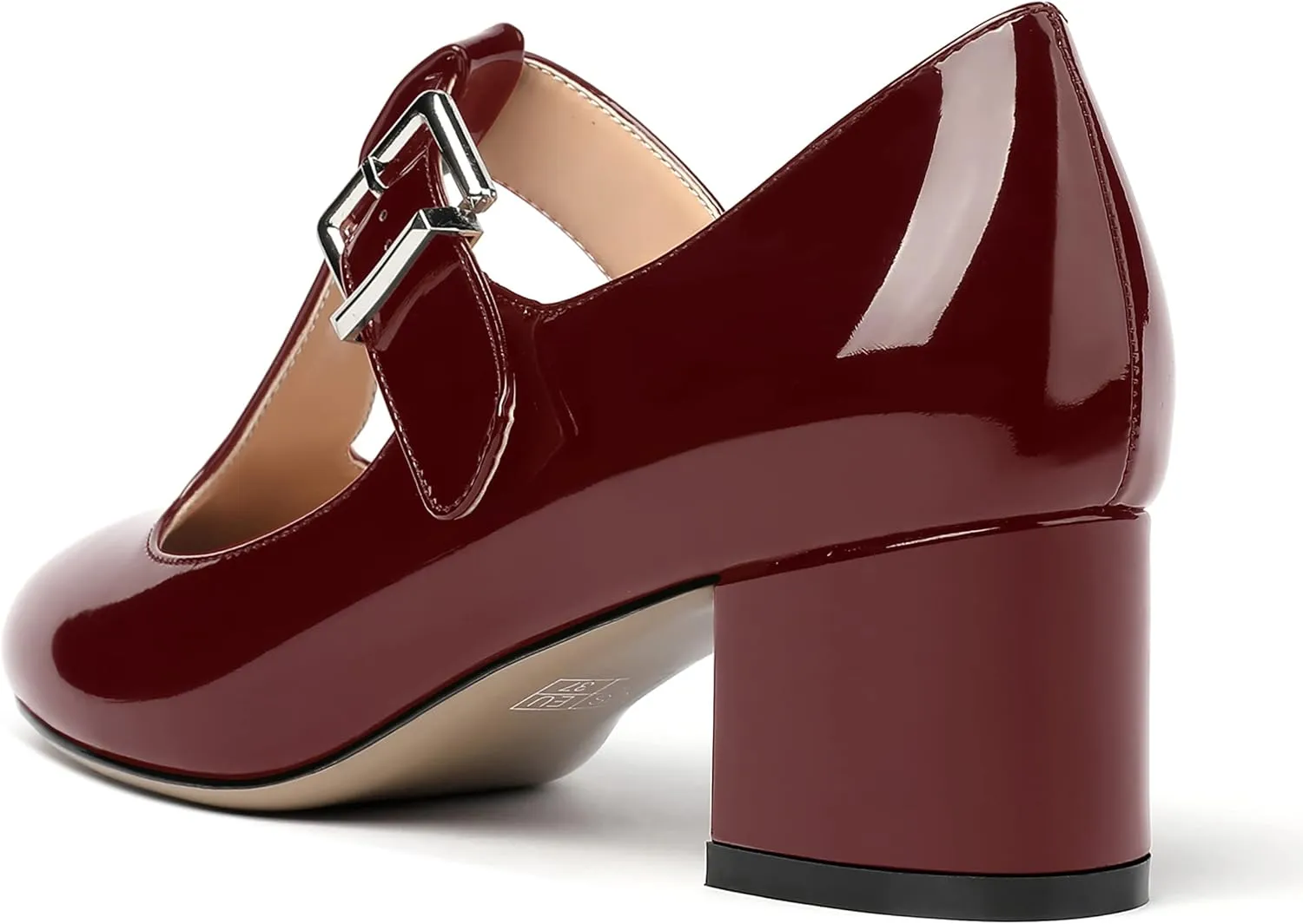 MERRORI Women's Buckle Round Toe T Strap Block Solid Patent Block Low Heel Pumps Shoes 2 Inch