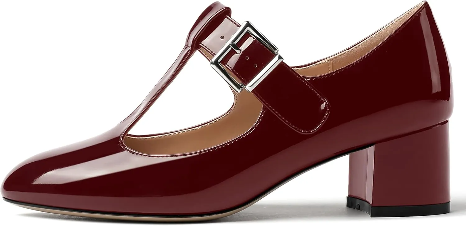 MERRORI Women's Buckle Round Toe T Strap Block Solid Patent Block Low Heel Pumps Shoes 2 Inch