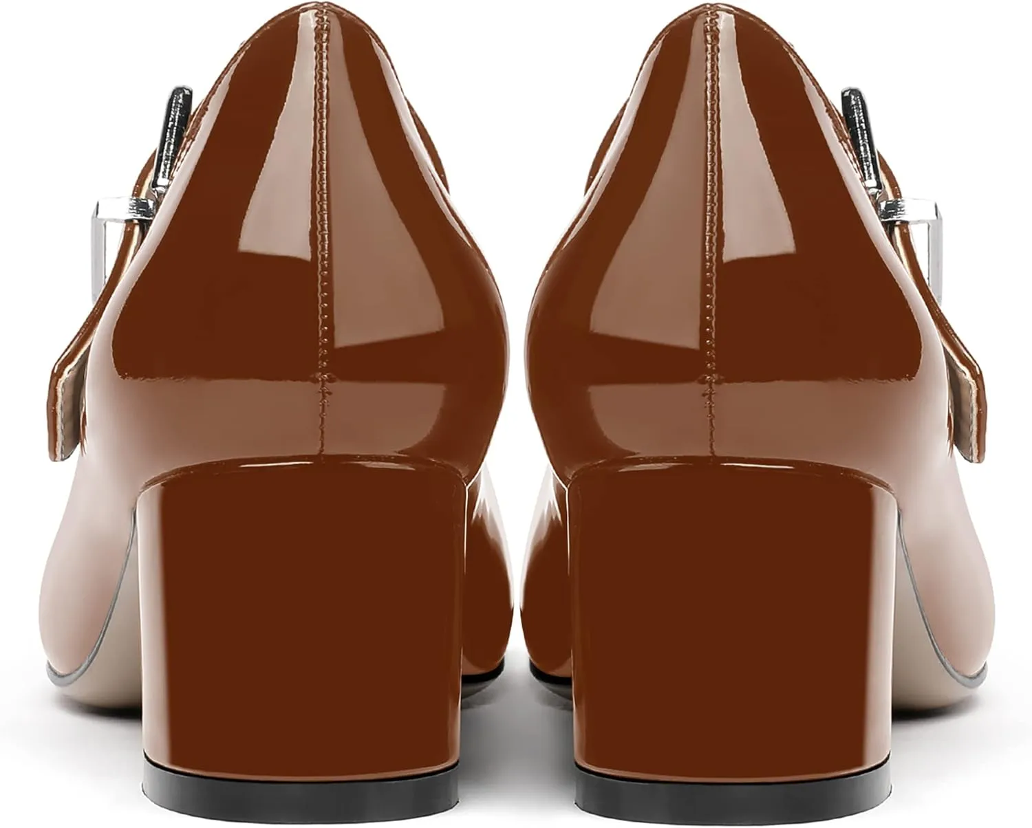 MERRORI Women's Buckle Round Toe T Strap Block Solid Patent Block Low Heel Pumps Shoes 2 Inch