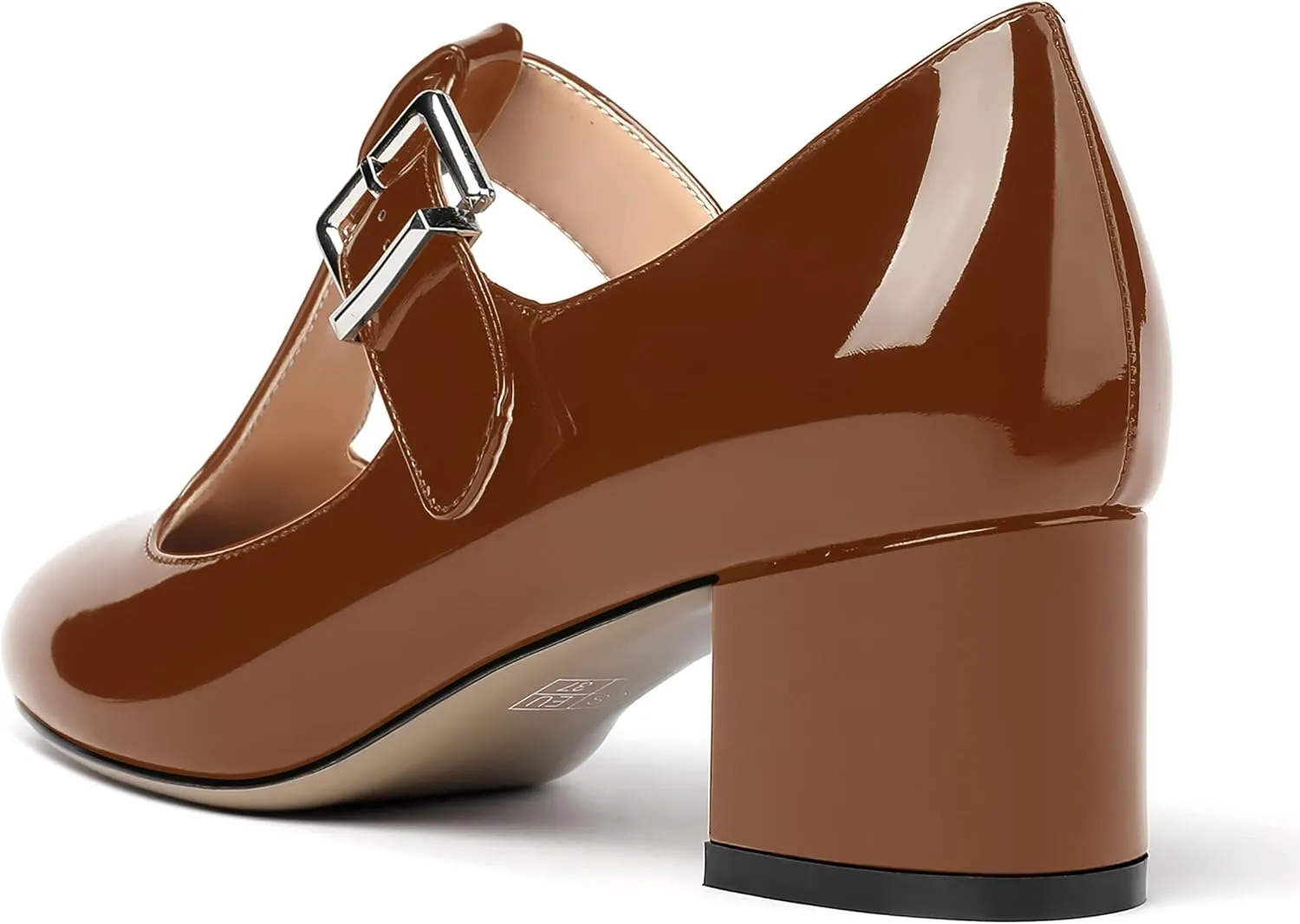 MERRORI Women's Buckle Round Toe T Strap Block Solid Patent Block Low Heel Pumps Shoes 2 Inch