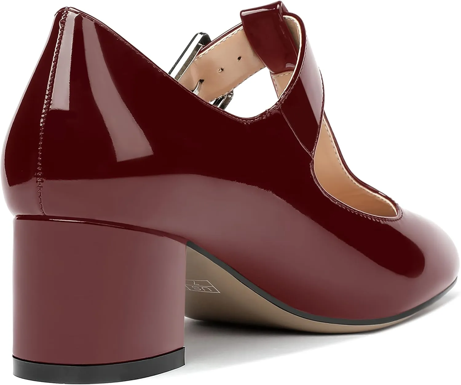 MERRORI Women's Buckle Round Toe T Strap Block Solid Patent Block Low Heel Pumps Shoes 2 Inch
