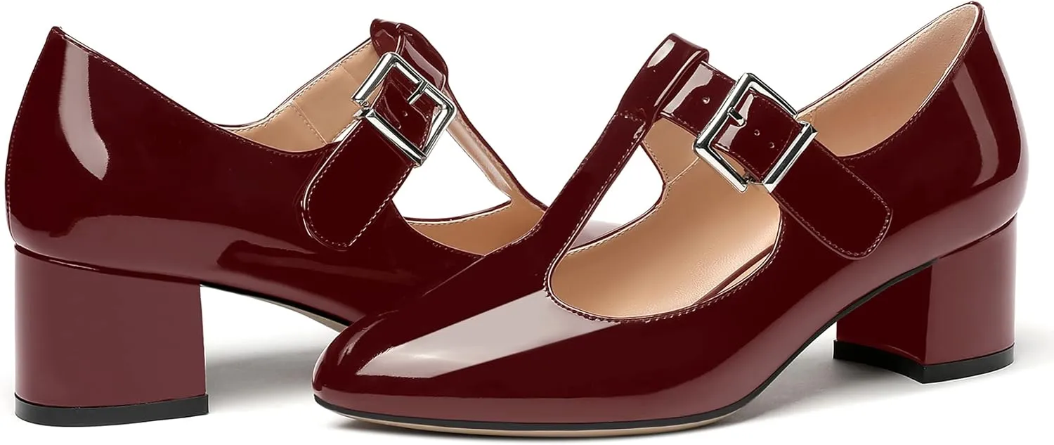 MERRORI Women's Buckle Round Toe T Strap Block Solid Patent Block Low Heel Pumps Shoes 2 Inch