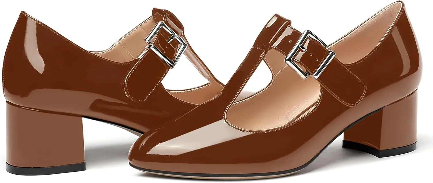 MERRORI Women's Buckle Round Toe T Strap Block Solid Patent Block Low Heel Pumps Shoes 2 Inch