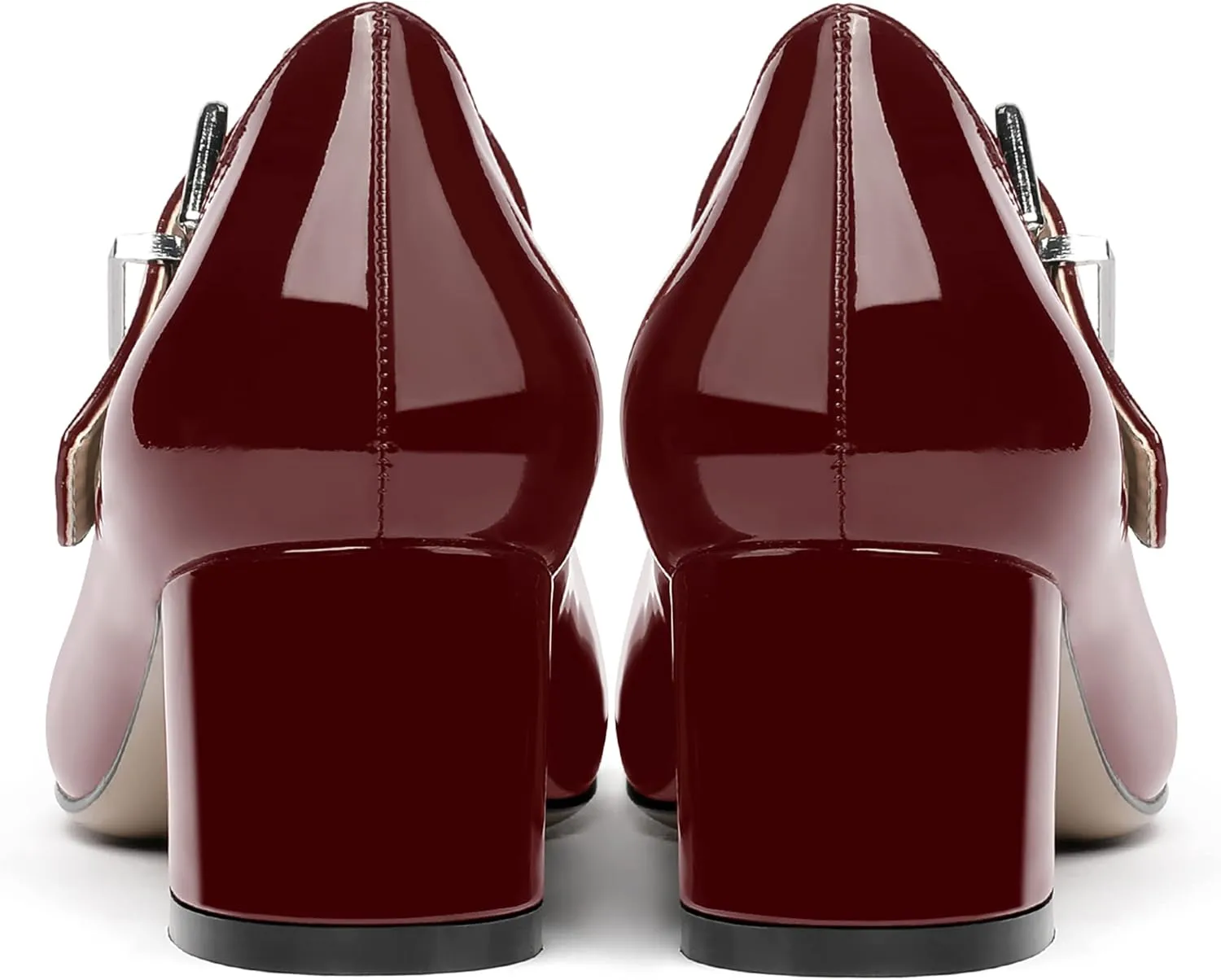 MERRORI Women's Buckle Round Toe T Strap Block Solid Patent Block Low Heel Pumps Shoes 2 Inch