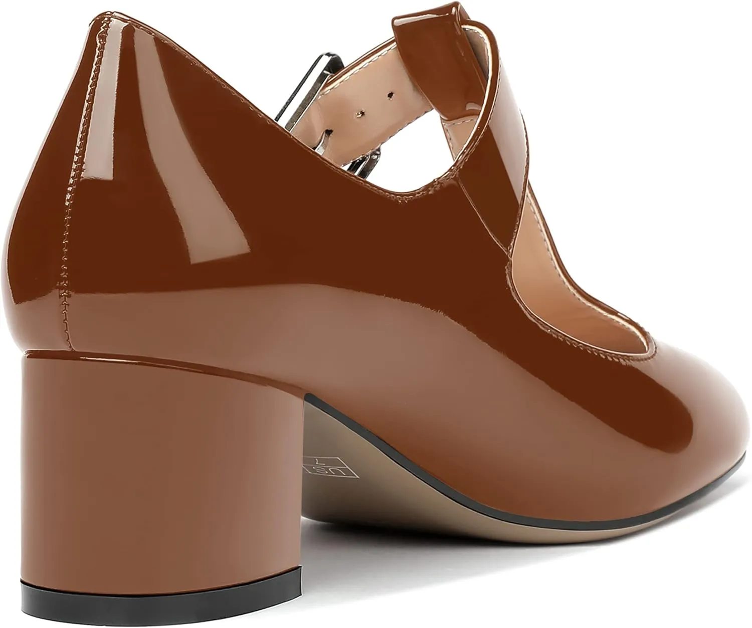 MERRORI Women's Buckle Round Toe T Strap Block Solid Patent Block Low Heel Pumps Shoes 2 Inch