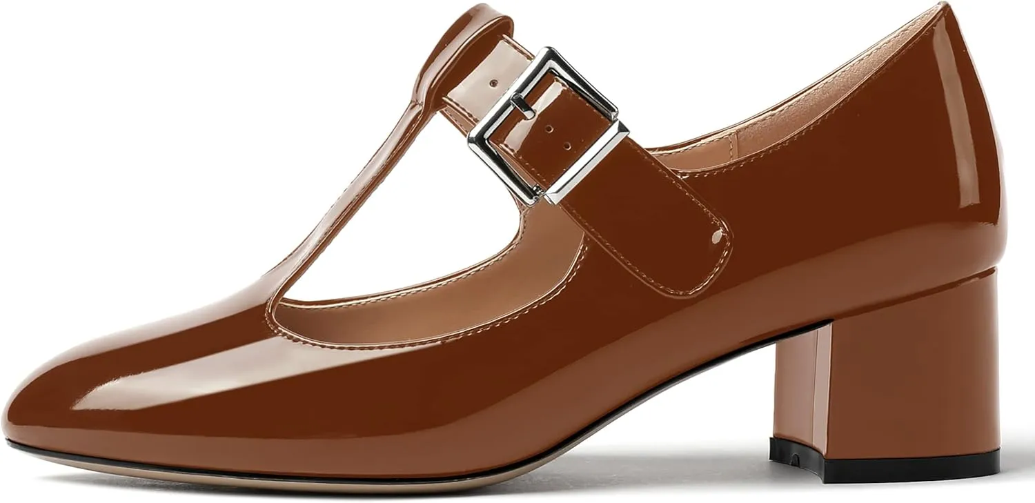 MERRORI Women's Buckle Round Toe T Strap Block Solid Patent Block Low Heel Pumps Shoes 2 Inch