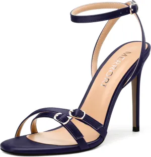 MERRORI Women's High Stiletto Slingback Buckle Heels Open Round Toe Ankle Strap Sexy Comfortable Satin Sandals Wedding Bridal Evening Prom Party Dress Shoes