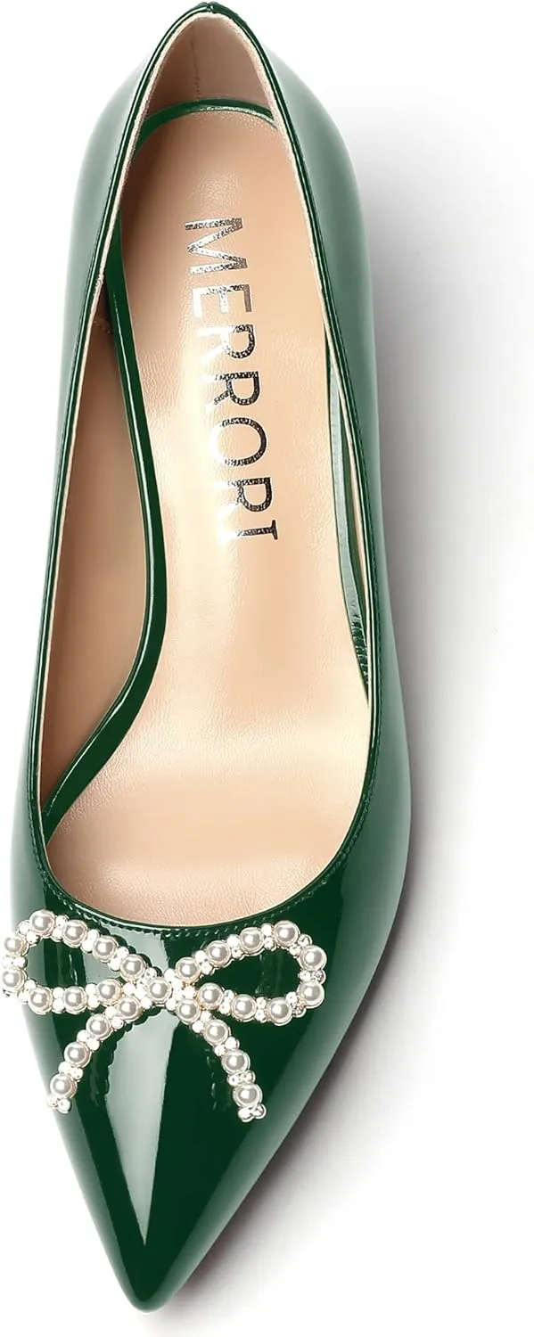 MERRORI Women's Patent Pointed Toe Block Solid Pearl Bow Slip On Block Low Heel Pumps Shoes 2 Inch