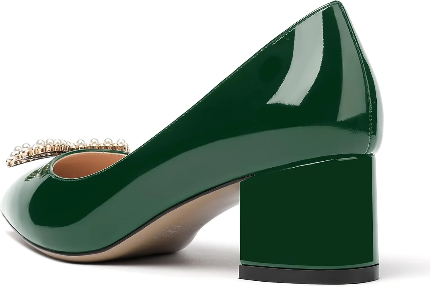MERRORI Women's Patent Pointed Toe Block Solid Pearl Bow Slip On Block Low Heel Pumps Shoes 2 Inch