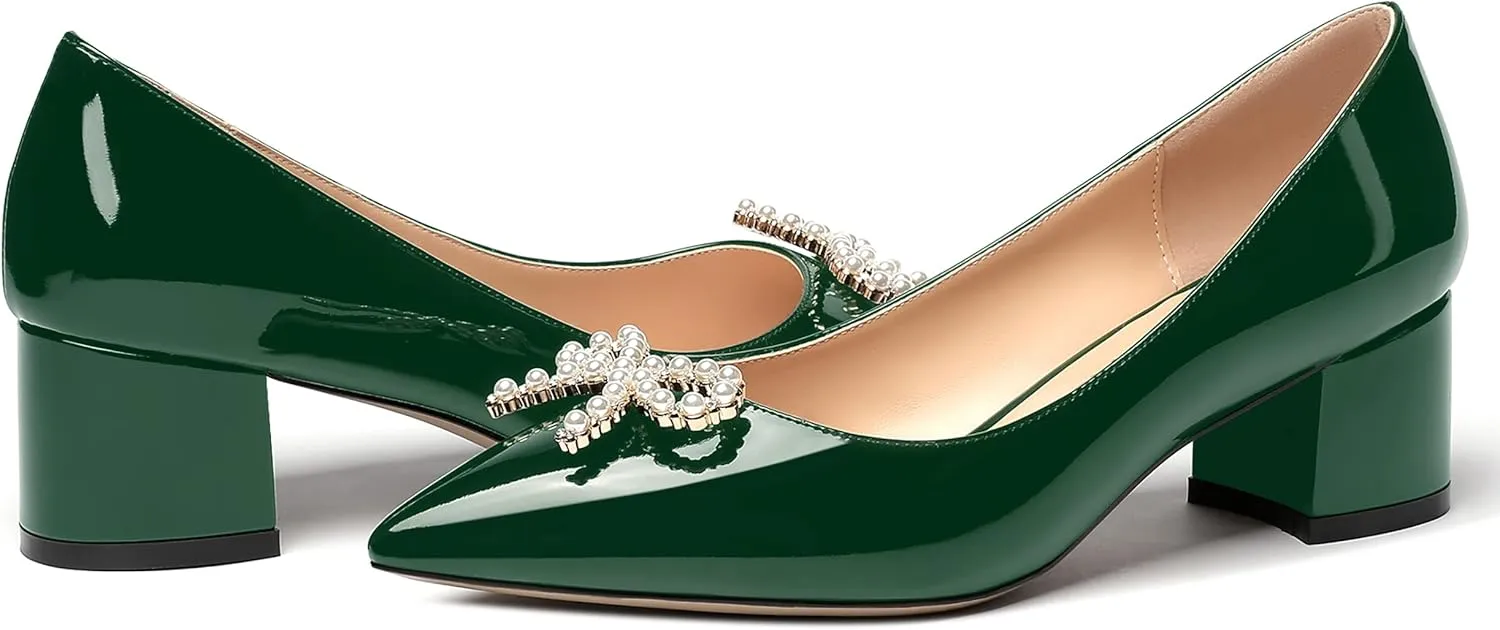 MERRORI Women's Patent Pointed Toe Block Solid Pearl Bow Slip On Block Low Heel Pumps Shoes 2 Inch