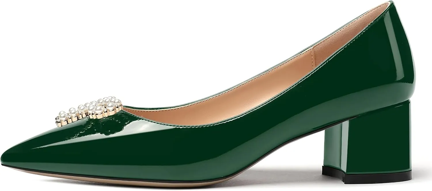 MERRORI Women's Patent Pointed Toe Block Solid Pearl Bow Slip On Block Low Heel Pumps Shoes 2 Inch