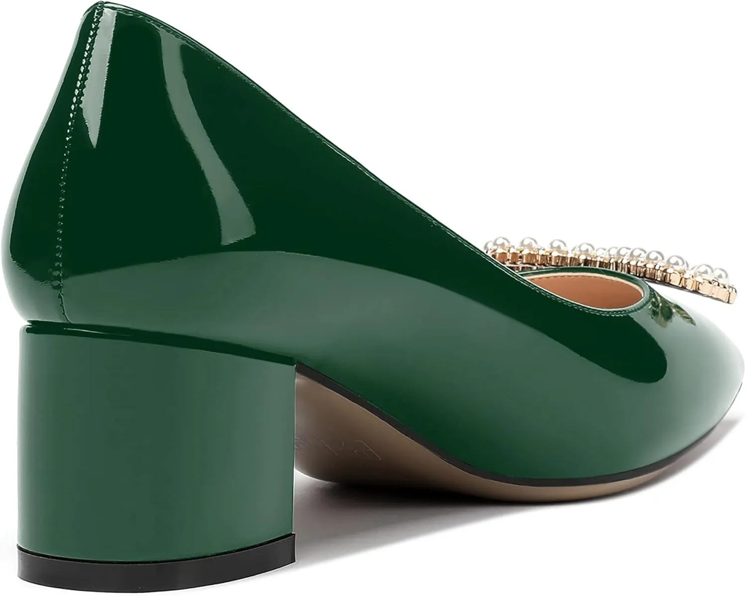 MERRORI Women's Patent Pointed Toe Block Solid Pearl Bow Slip On Block Low Heel Pumps Shoes 2 Inch