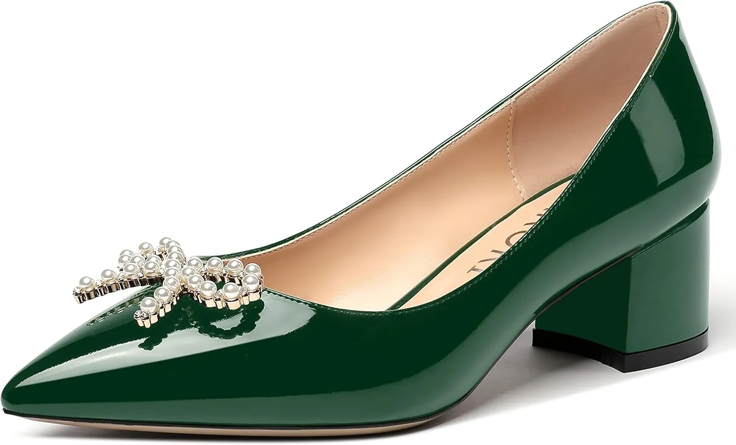 MERRORI Women's Patent Pointed Toe Block Solid Pearl Bow Slip On Block Low Heel Pumps Shoes 2 Inch