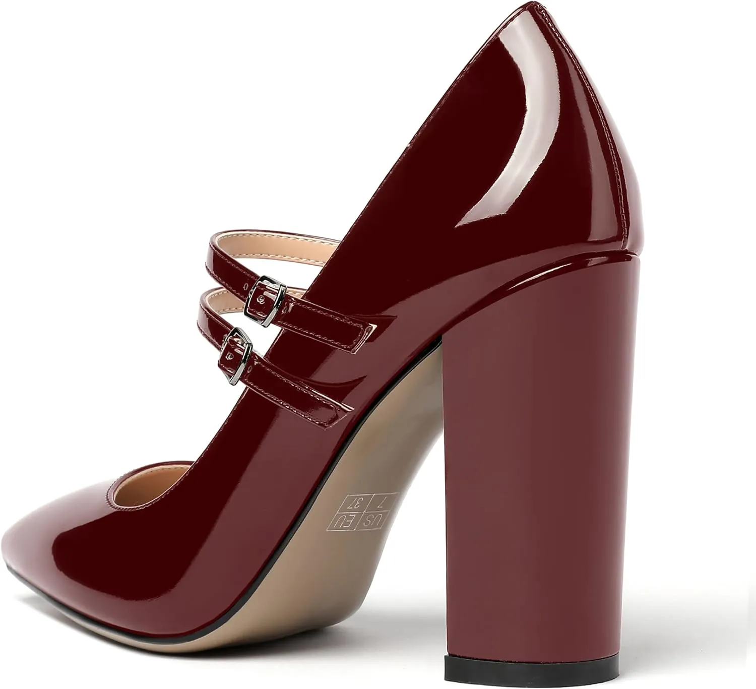 MERRORI Women's Solid Adjustable Strap Dress Dating Buckle Patent Pointed Toe Block High Heel Pumps Shoes 4 Inch