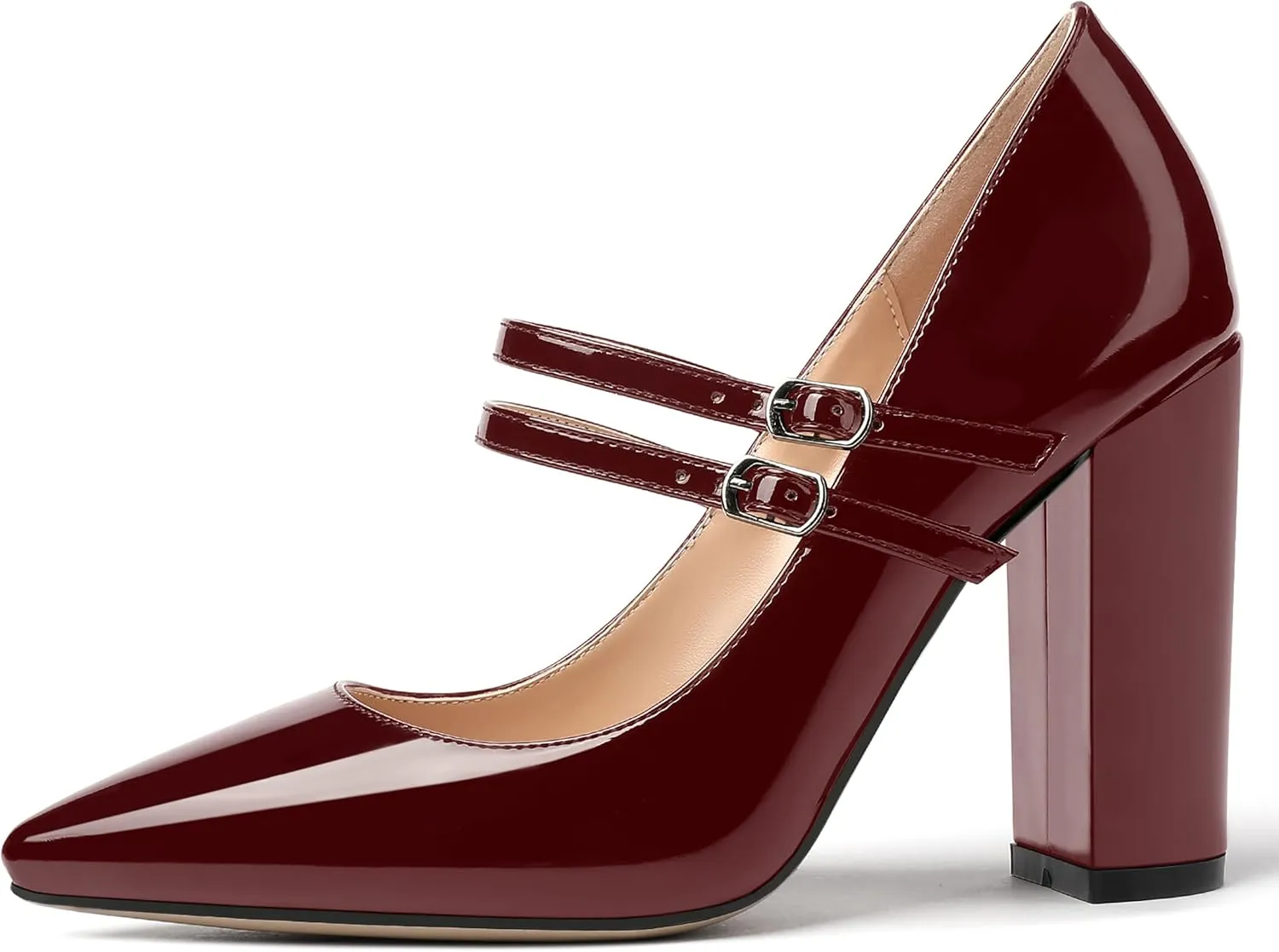 MERRORI Women's Solid Adjustable Strap Dress Dating Buckle Patent Pointed Toe Block High Heel Pumps Shoes 4 Inch