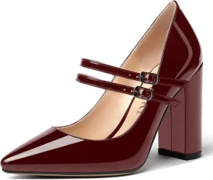 MERRORI Women's Solid Adjustable Strap Dress Dating Buckle Patent Pointed Toe Block High Heel Pumps Shoes 4 Inch