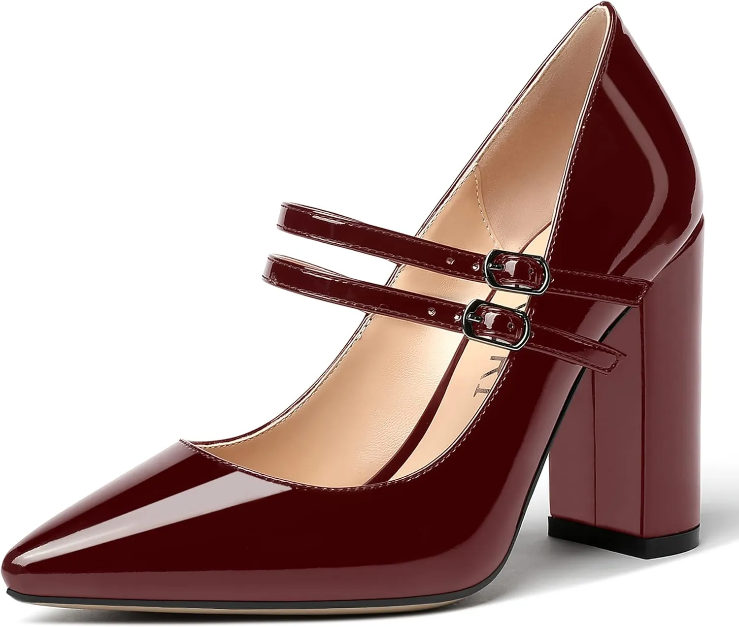 MERRORI Women's Solid Adjustable Strap Dress Dating Buckle Patent Pointed Toe Block High Heel Pumps Shoes 4 Inch