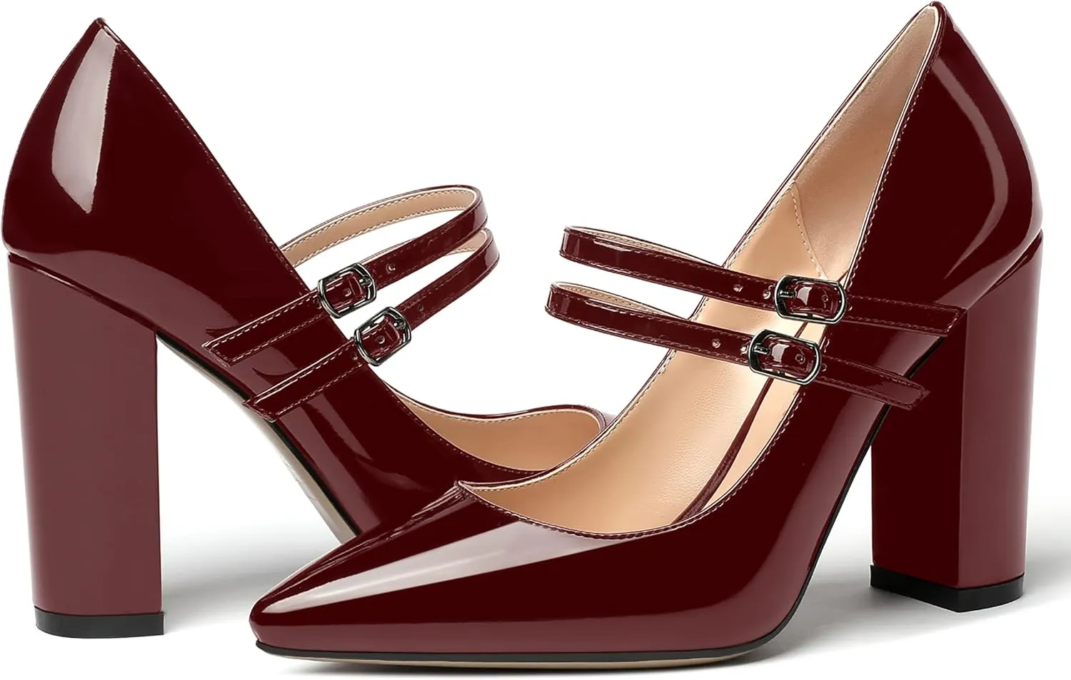 MERRORI Women's Solid Adjustable Strap Dress Dating Buckle Patent Pointed Toe Block High Heel Pumps Shoes 4 Inch