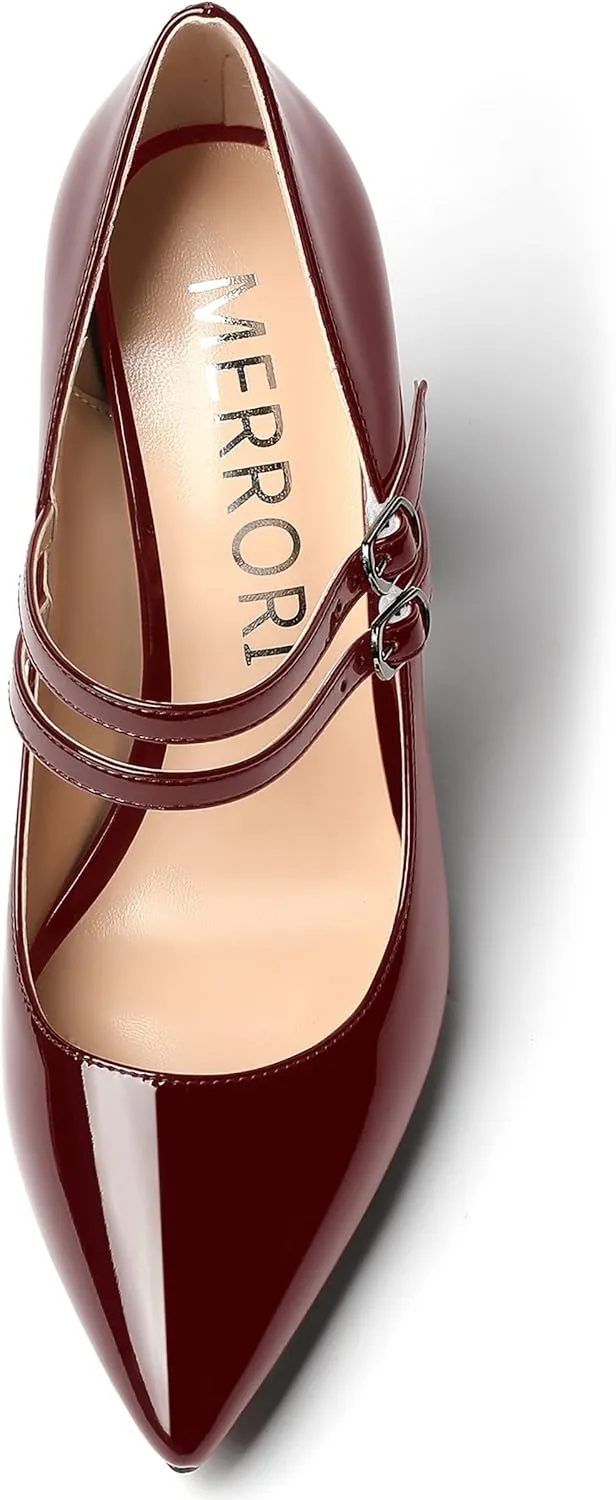 MERRORI Women's Solid Adjustable Strap Dress Dating Buckle Patent Pointed Toe Block High Heel Pumps Shoes 4 Inch