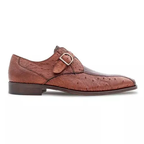 Mezlan Men's Genuine Full Quill Ostrich Leg Monk Strap Brown Shoes