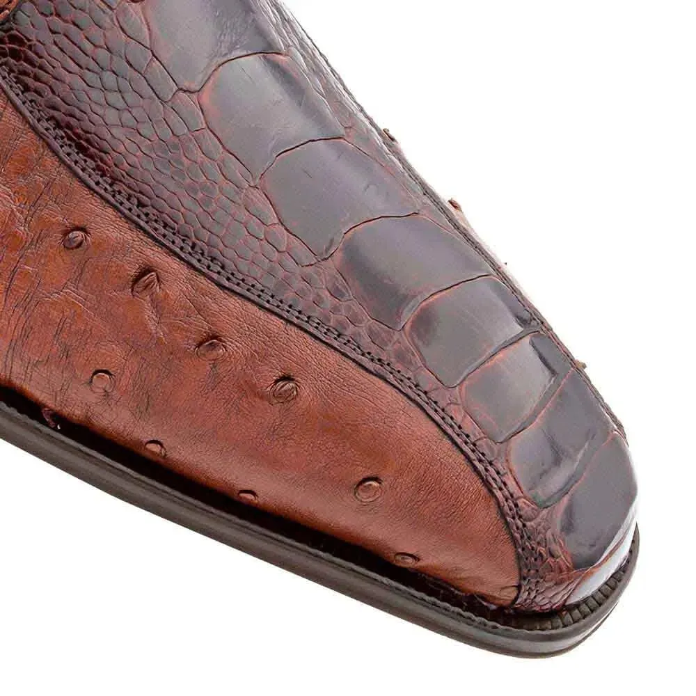 Mezlan Men's Genuine Full Quill Ostrich Leg Monk Strap Brown Shoes