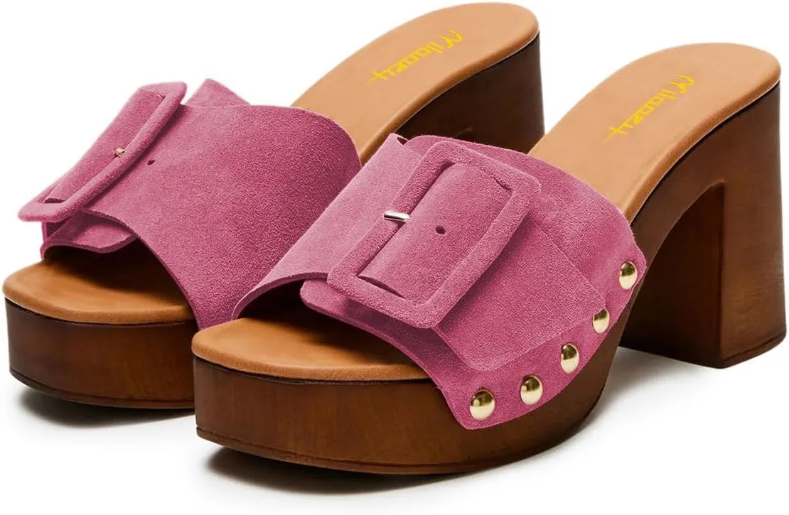 Milooey shoes Women's Open Round Toe Studded Platform Mules Chunkly Block High Heel Slippers Buckle Slip On Sandals Indoor Outdoor Daily Causal Slide Shoes Size 4-16 US