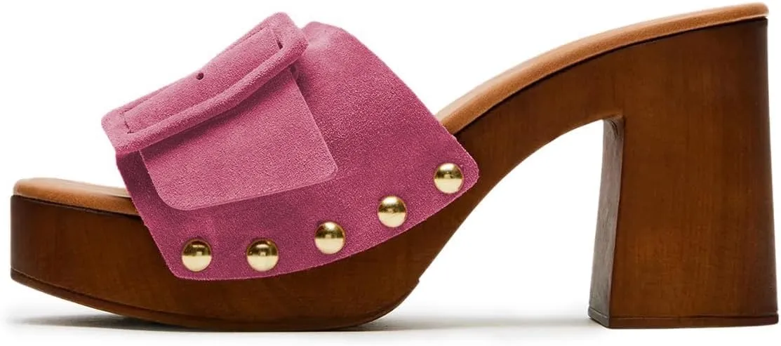 Milooey shoes Women's Open Round Toe Studded Platform Mules Chunkly Block High Heel Slippers Buckle Slip On Sandals Indoor Outdoor Daily Causal Slide Shoes Size 4-16 US