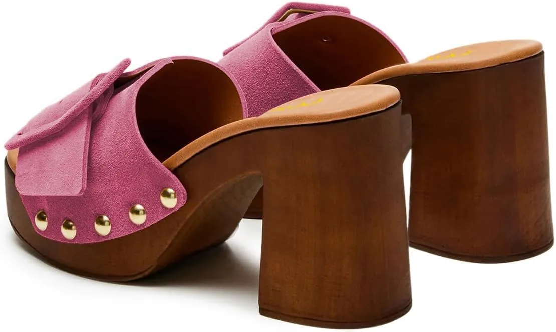 Milooey shoes Women's Open Round Toe Studded Platform Mules Chunkly Block High Heel Slippers Buckle Slip On Sandals Indoor Outdoor Daily Causal Slide Shoes Size 4-16 US