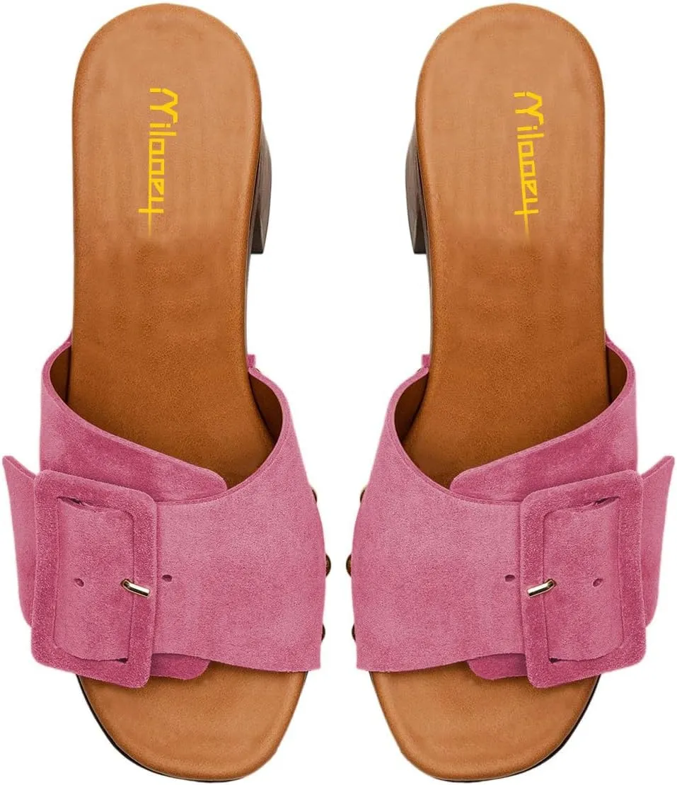 Milooey shoes Women's Open Round Toe Studded Platform Mules Chunkly Block High Heel Slippers Buckle Slip On Sandals Indoor Outdoor Daily Causal Slide Shoes Size 4-16 US