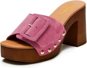 Milooey shoes Women's Open Round Toe Studded Platform Mules Chunkly Block High Heel Slippers Buckle Slip On Sandals Indoor Outdoor Daily Causal Slide Shoes Size 4-16 US