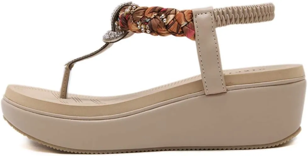 MIOKE Women's Bohemia Rhinestone Wedge Sandals Summer T-strap Thong Braid Beach Platform Flip Flops Shoes