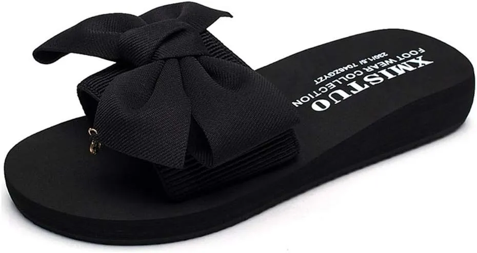 MIOKE Women's Bowtie Wedge Slide Sandals Fashion High Heel Platform Comfort Anti-Slip Summer Beach Sandal