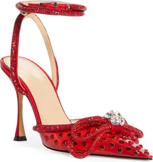 MissHeel Clear Rhinestone Ankle Strap Pumps Heels with Crystal Double Bows 3 inch