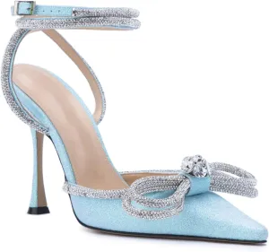 MissHeel Clear Rhinestone Ankle Strap Pumps Heels with Crystal Double Bows 3 inch