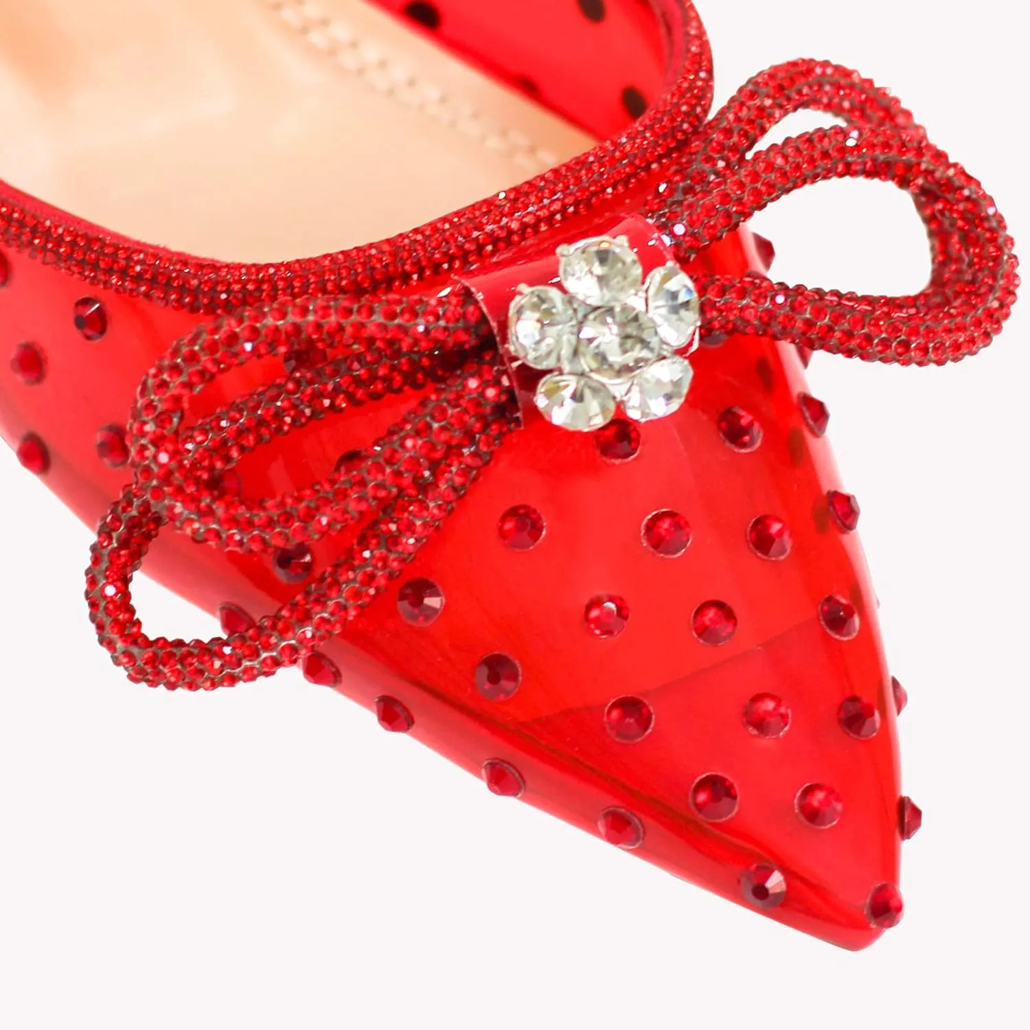 MissHeel Clear Rhinestone Ankle Strap Pumps Heels with Crystal Double Bows 3 inch