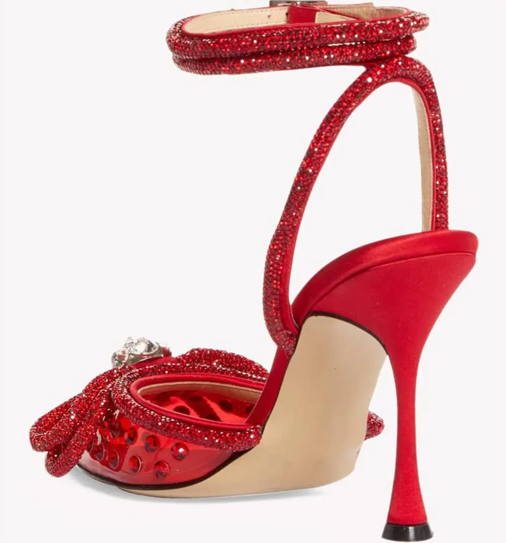 MissHeel Clear Rhinestone Ankle Strap Pumps Heels with Crystal Double Bows 3 inch