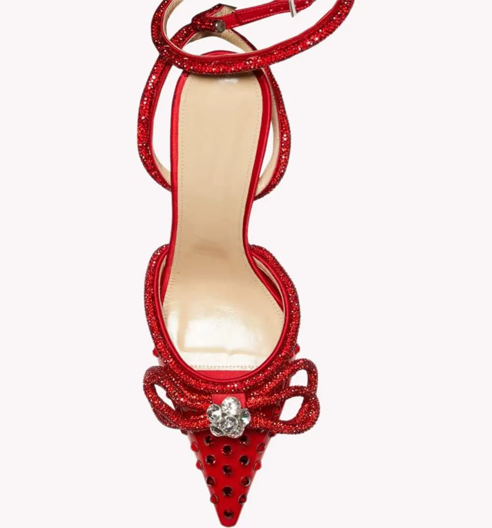 MissHeel Clear Rhinestone Ankle Strap Pumps Heels with Crystal Double Bows 3 inch