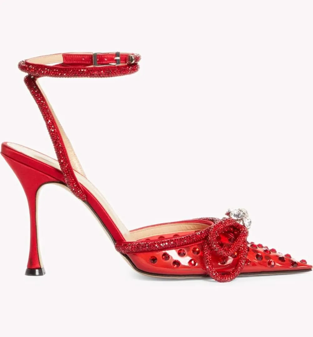 MissHeel Clear Rhinestone Ankle Strap Pumps Heels with Crystal Double Bows 3 inch