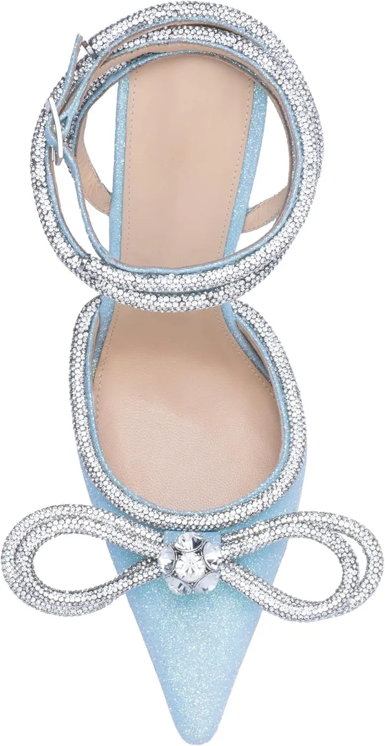 MissHeel Clear Rhinestone Ankle Strap Pumps Heels with Crystal Double Bows 3 inch