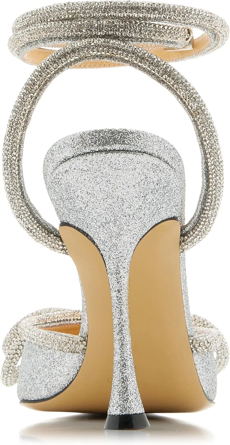 MissHeel Clear Rhinestone Ankle Strap Pumps Heels with Crystal Double Bows 3 inch