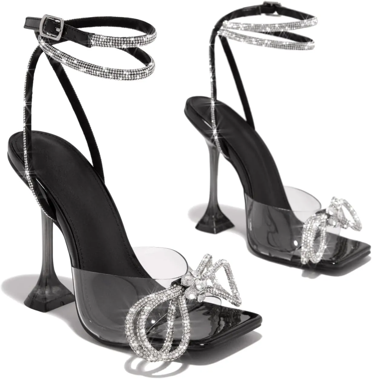 MissHeel Open Toe Bow Heels for Women Transparent Chunky Heel Ankle Strap with Rhinestone
