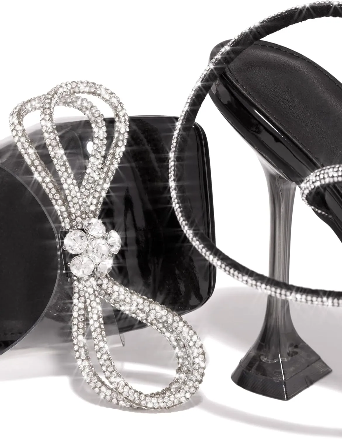 MissHeel Open Toe Bow Heels for Women Transparent Chunky Heel Ankle Strap with Rhinestone