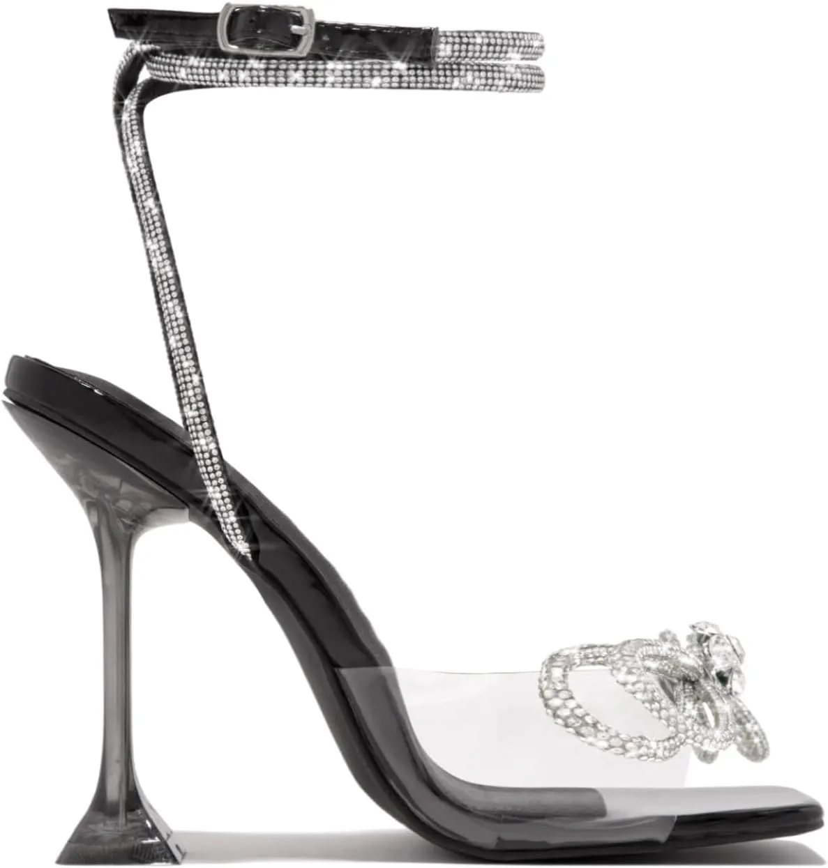 MissHeel Open Toe Bow Heels for Women Transparent Chunky Heel Ankle Strap with Rhinestone