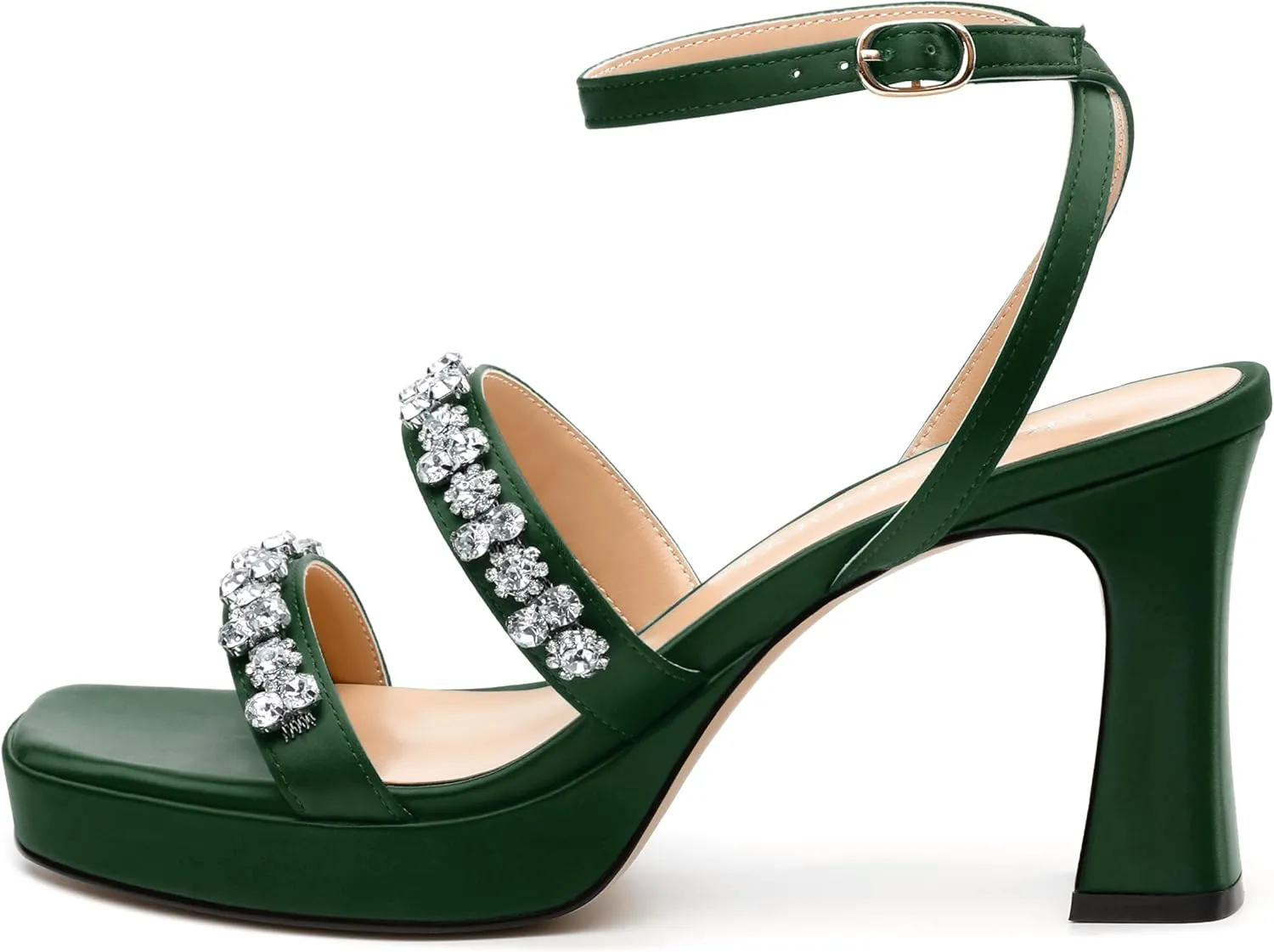 MODENCOCO Platform Heels for Women Heeled Sandals with Rhinestone Strappy Square Toe Block Heel for Wedding Dress Party
