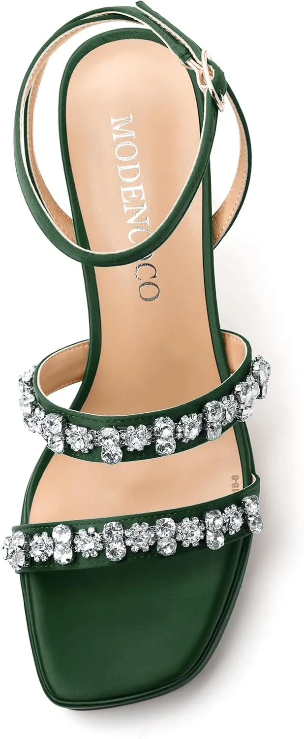 MODENCOCO Platform Heels for Women Heeled Sandals with Rhinestone Strappy Square Toe Block Heel for Wedding Dress Party