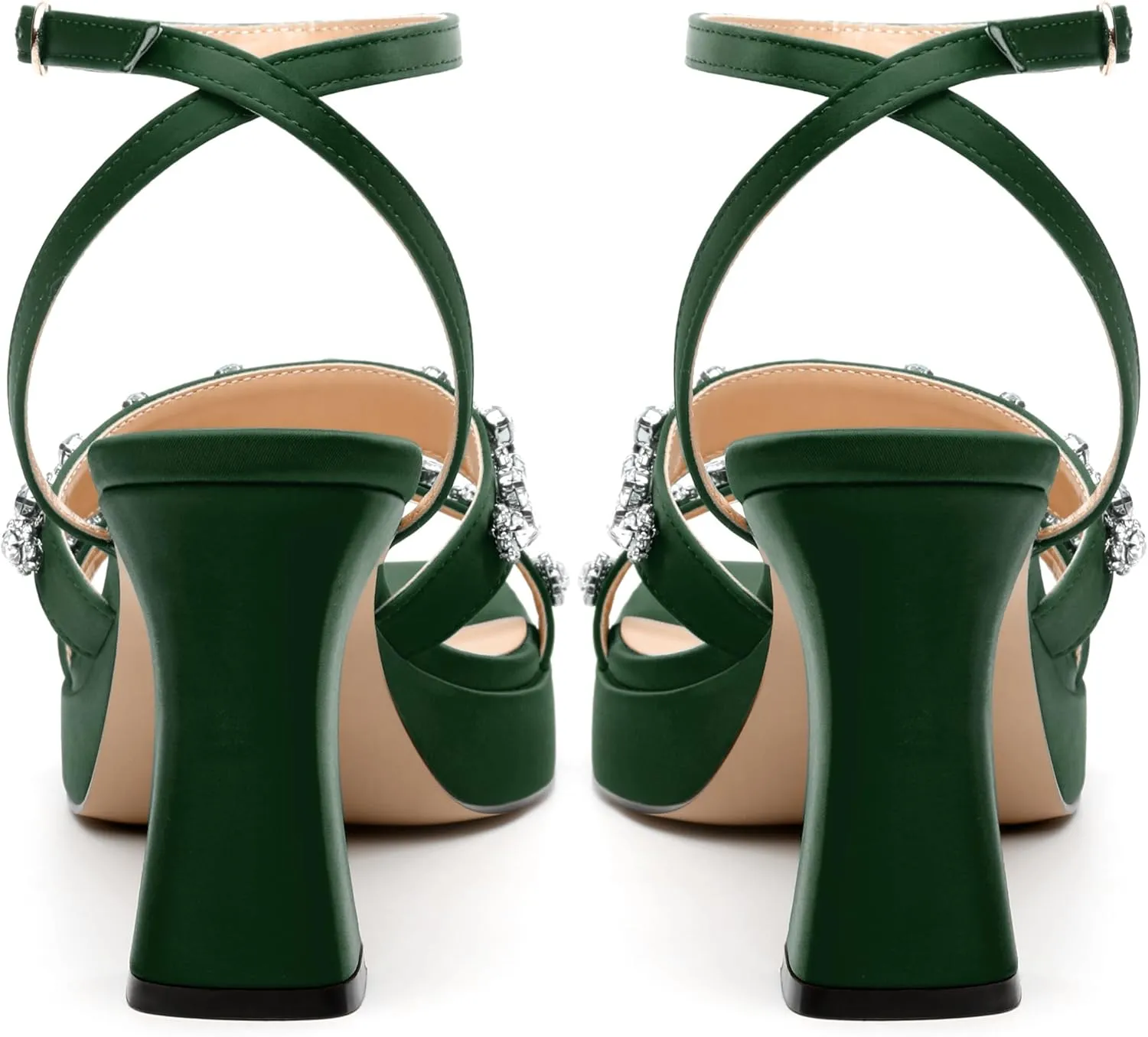 MODENCOCO Platform Heels for Women Heeled Sandals with Rhinestone Strappy Square Toe Block Heel for Wedding Dress Party