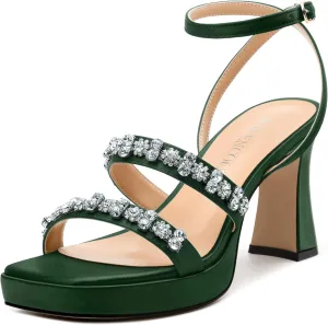 MODENCOCO Platform Heels for Women Heeled Sandals with Rhinestone Strappy Square Toe Block Heel for Wedding Dress Party