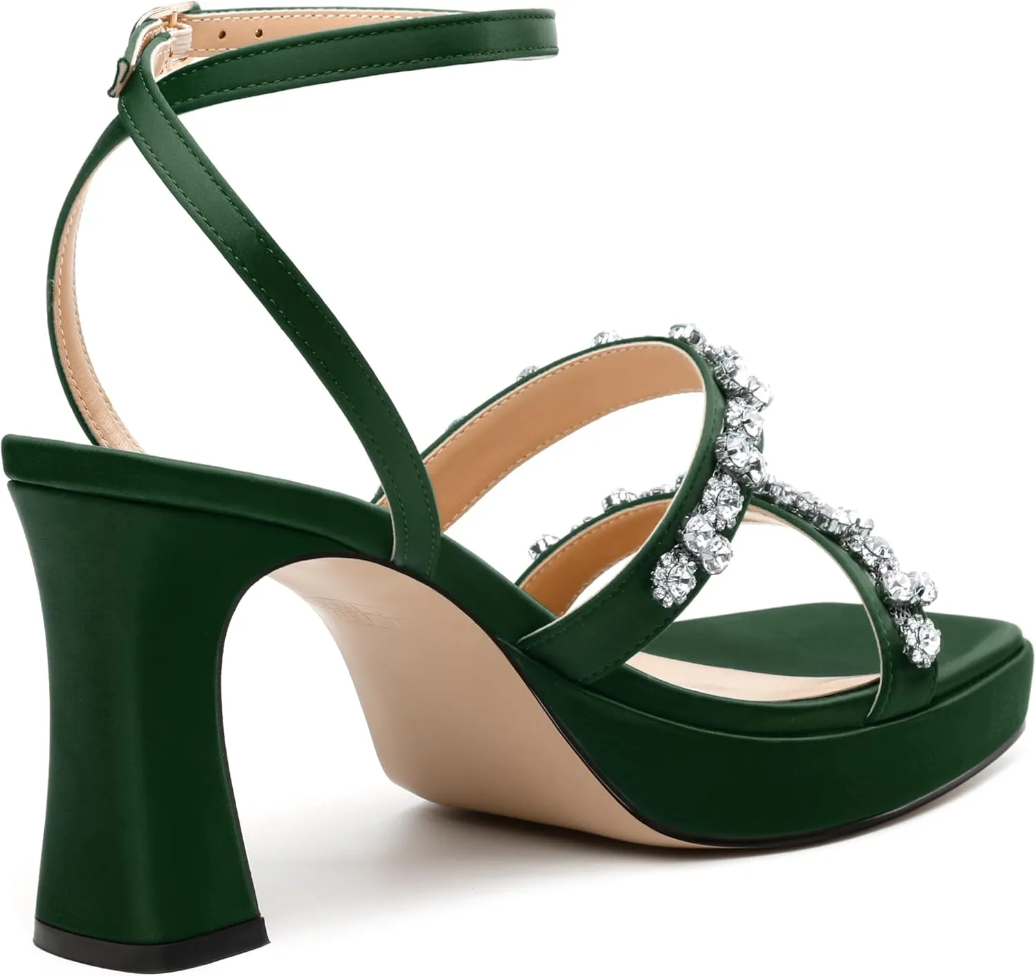 MODENCOCO Platform Heels for Women Heeled Sandals with Rhinestone Strappy Square Toe Block Heel for Wedding Dress Party