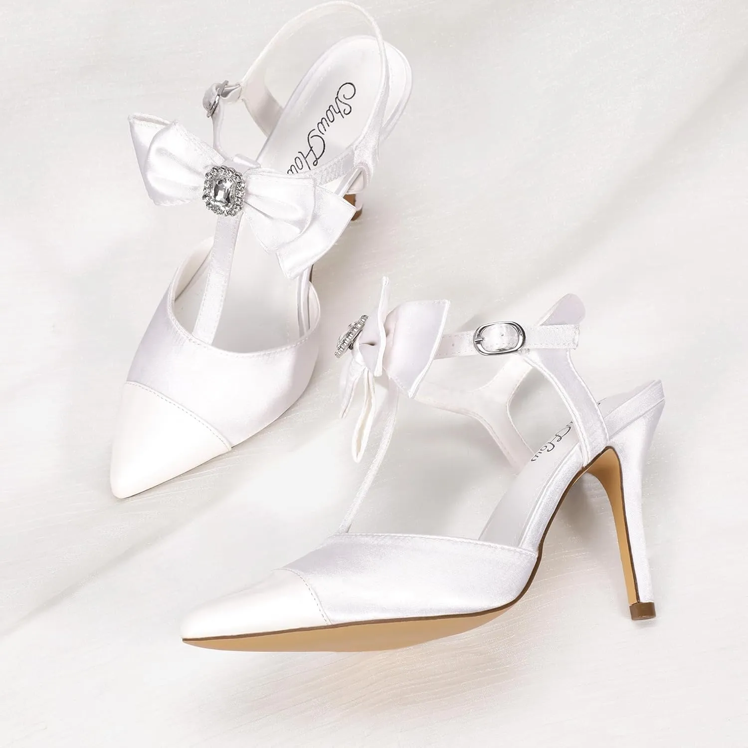 Mofri ShowHow Womens High Heels Closed Splicing Pointed Toe Stiletto Bow Tie Slingback Heeled Shoes Ankle Strap Wedding Pumps Bridal Party Work Dress Shoes
