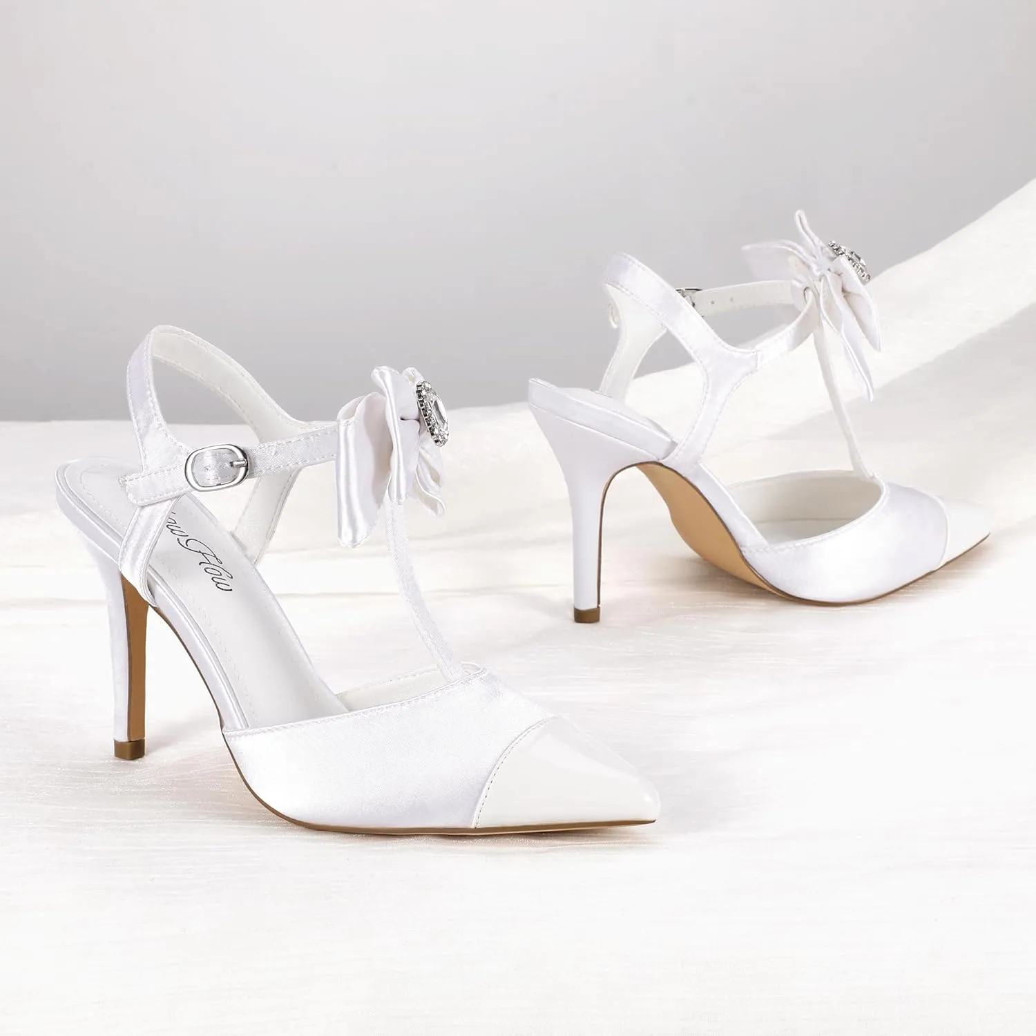 Mofri ShowHow Womens High Heels Closed Splicing Pointed Toe Stiletto Bow Tie Slingback Heeled Shoes Ankle Strap Wedding Pumps Bridal Party Work Dress Shoes